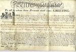 Grant for 1099 acre tract of land known as "Athens" in Pennsylvania, 1806, to Alexander Baring, Henry Baring, Robert Gilmore, Thomas Mayne Willine and Charles Willing Hare for the sum of $22.09. Official state form, parchment, signed by James Trimble and Thomas M. Kean, governnor. by James Trimble and Thomas M. Kean