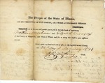 Marriage license for Mathew Morehead and Elizabeth Snodgrass, signed by a clerk of court, Sangamon County, Illinois, January 24, 1834.