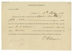 Receipt to C. Sareon for loss of his slave, Hooker, to employment in the Confederate Army, South Carolina. Columbia, February, 1864.