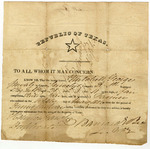 Honorable Discharge from the Army of the Republic of Texas for Mitchell George, signed by Barnard Bee, Sr., no date by Barnard Elliot Bee Senior